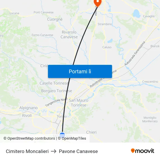 Cimitero Moncalieri to Pavone Canavese map