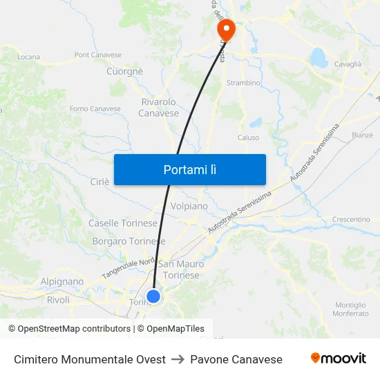 Cimitero Monumentale Ovest to Pavone Canavese map