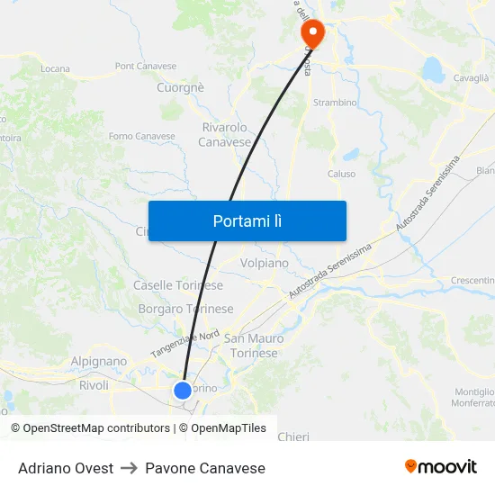 Adriano Ovest to Pavone Canavese map