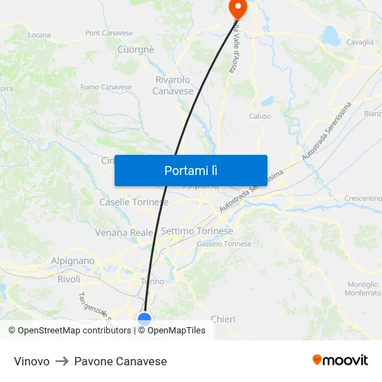 Vinovo to Pavone Canavese map