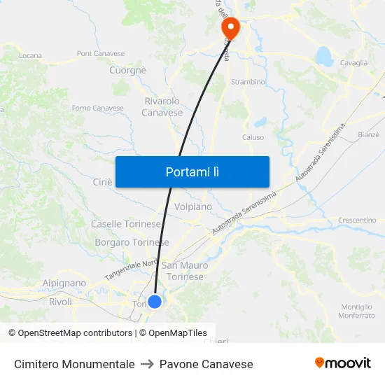 Cimitero Monumentale to Pavone Canavese map
