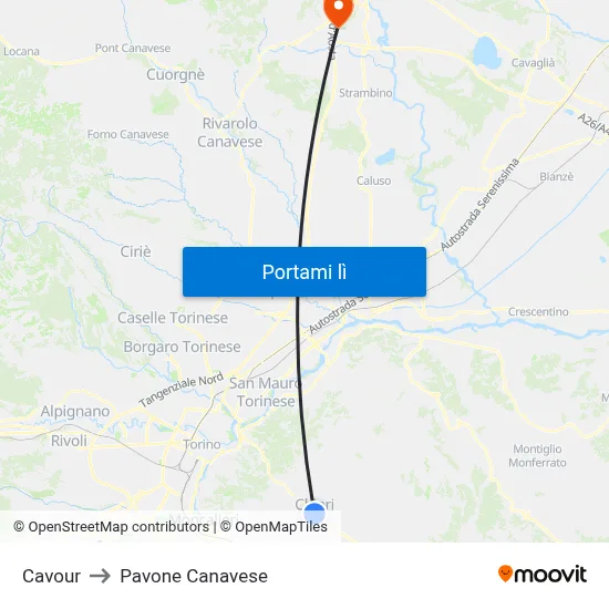 Cavour to Pavone Canavese map