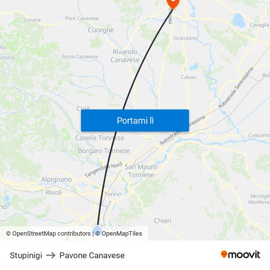 Stupinigi to Pavone Canavese map