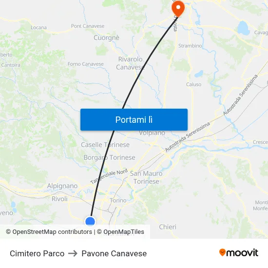 Cimitero Parco to Pavone Canavese map