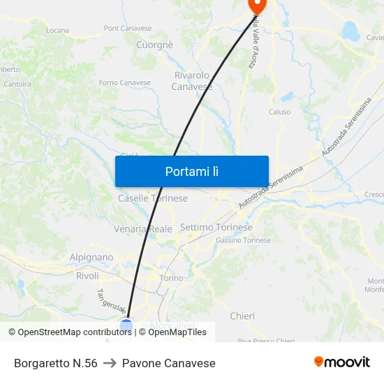 Borgaretto N.56 to Pavone Canavese map