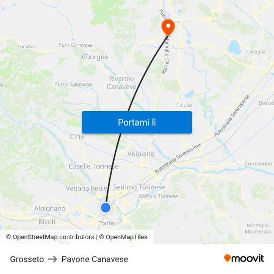 Grosseto to Pavone Canavese map