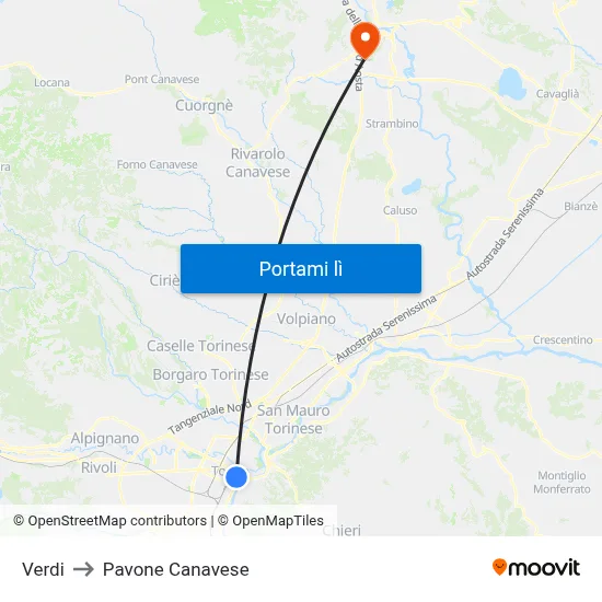 Verdi to Pavone Canavese map