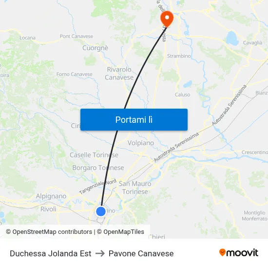 Duchessa Jolanda Est to Pavone Canavese map
