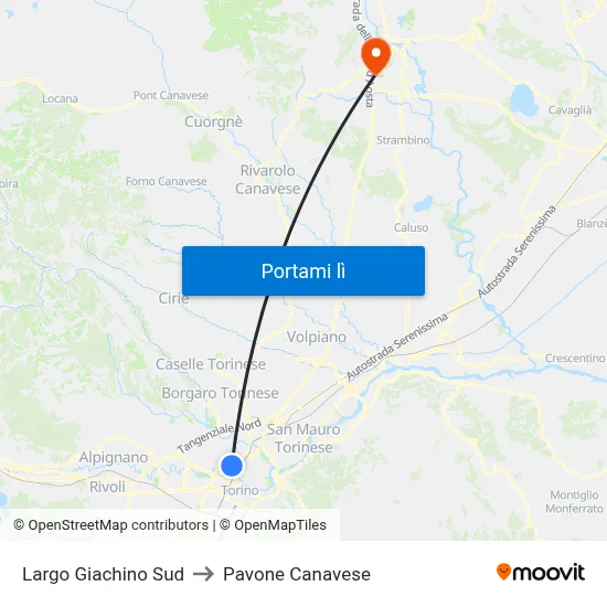Largo Giachino Sud to Pavone Canavese map