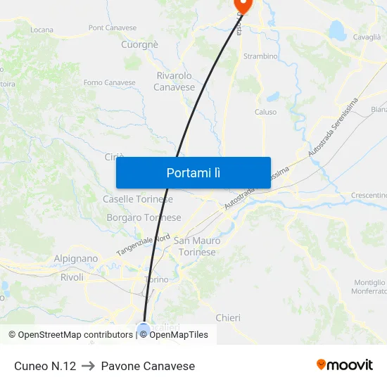 Cuneo N.12 to Pavone Canavese map