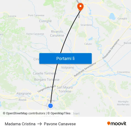 Madama Cristina to Pavone Canavese map
