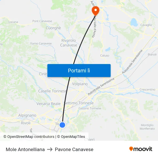Mole Antonelliana to Pavone Canavese map