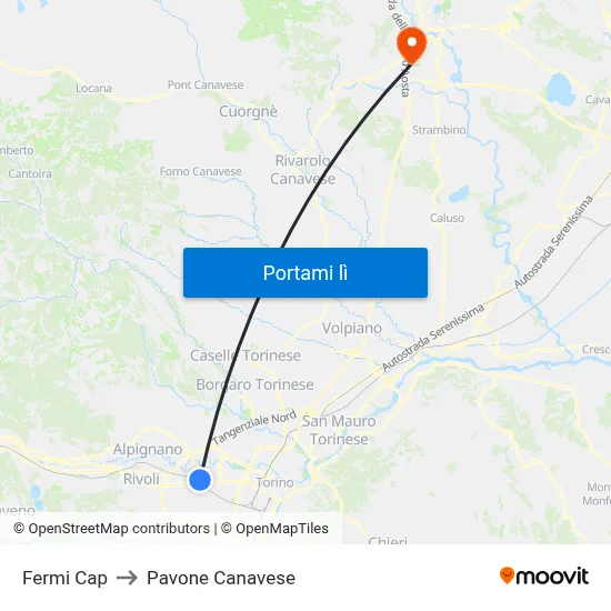 Fermi Cap to Pavone Canavese map