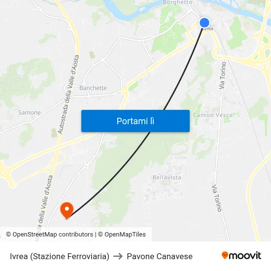 Ivrea (Stazione Ferroviaria) to Pavone Canavese map