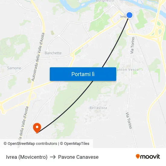 Ivrea (Movicentro) to Pavone Canavese map