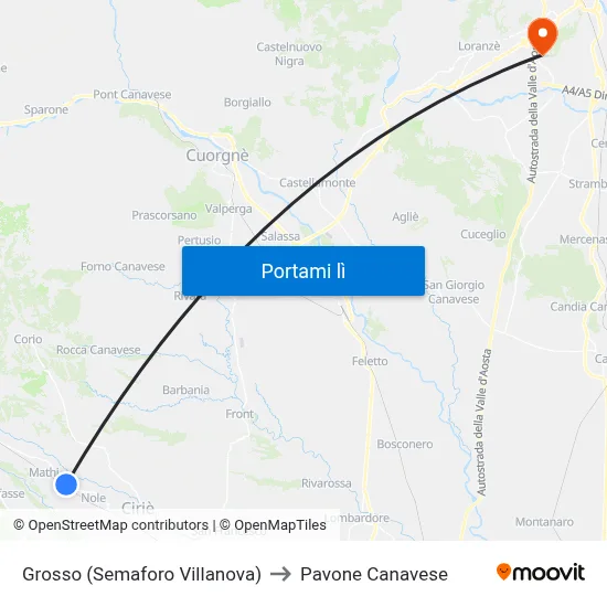 Grosso (Semaforo Villanova) to Pavone Canavese map