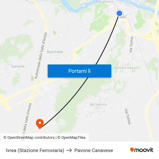 Ivrea (Stazione Ferroviaria) to Pavone Canavese map