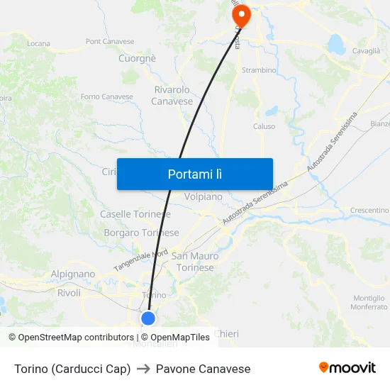 Torino (Carducci Cap) to Pavone Canavese map