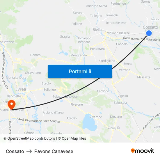 Cossato to Pavone Canavese map