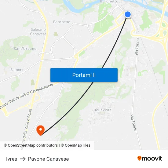 Ivrea to Pavone Canavese map