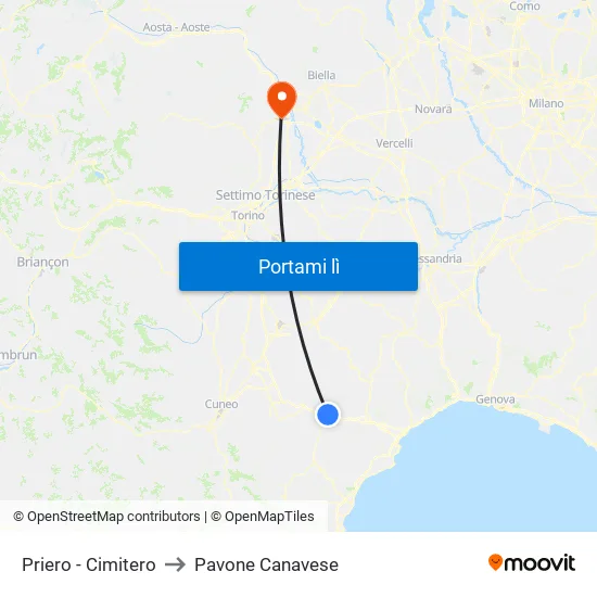 Priero - Cimitero to Pavone Canavese map