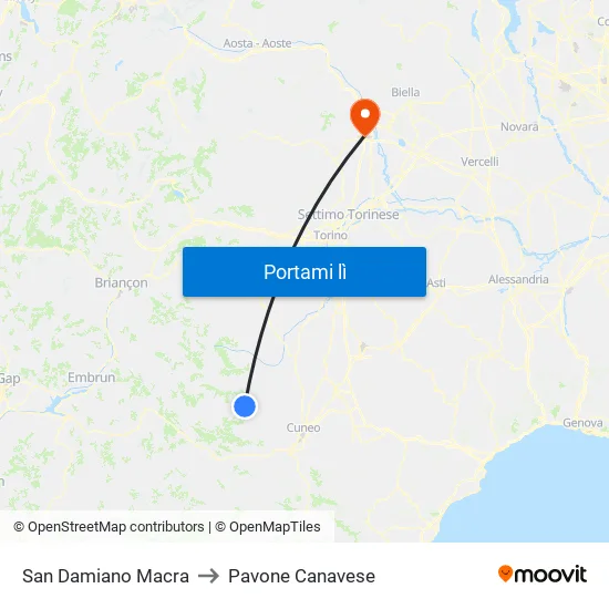 San Damiano Macra to Pavone Canavese map