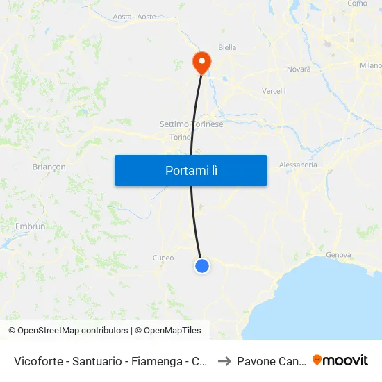 Vicoforte - Santuario - Fiamenga - Cappella Lobera to Pavone Canavese map