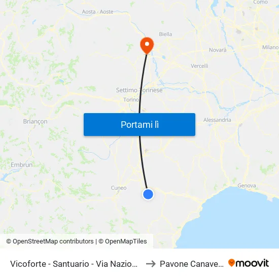 Vicoforte - Santuario - Via Nazionale to Pavone Canavese map