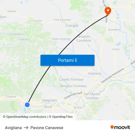 Avigliana to Pavone Canavese map