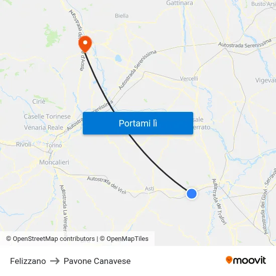 Felizzano to Pavone Canavese map