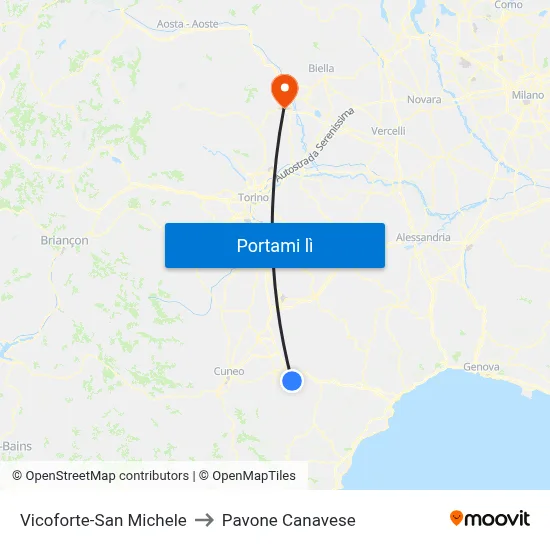 Vicoforte-San Michele to Pavone Canavese map
