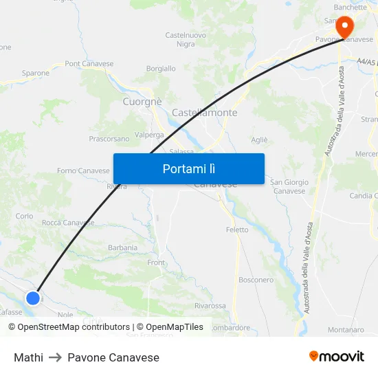 Mathi to Pavone Canavese map