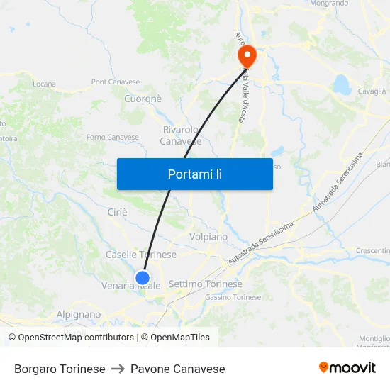 Borgaro Torinese to Pavone Canavese map