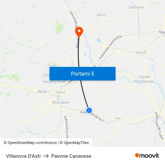 Villanova D'Asti to Pavone Canavese map