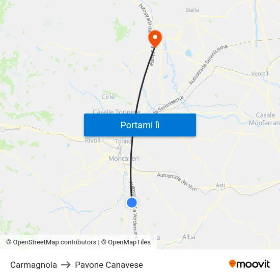 Carmagnola to Pavone Canavese map