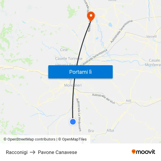 Racconigi to Pavone Canavese map