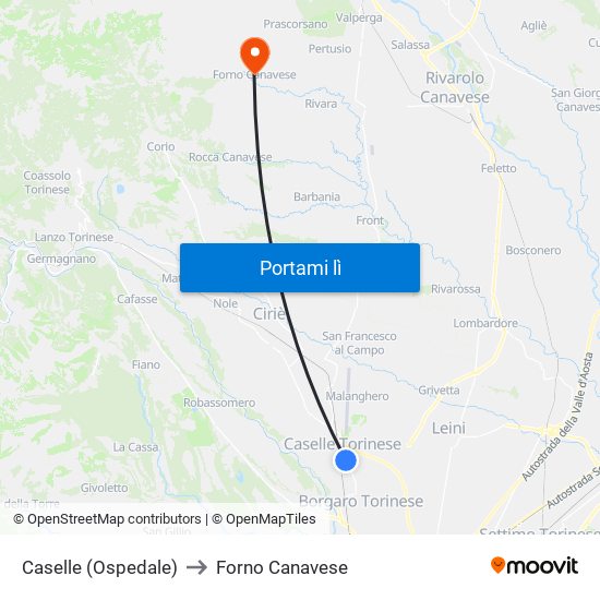 Caselle (Ospedale) to Forno Canavese map