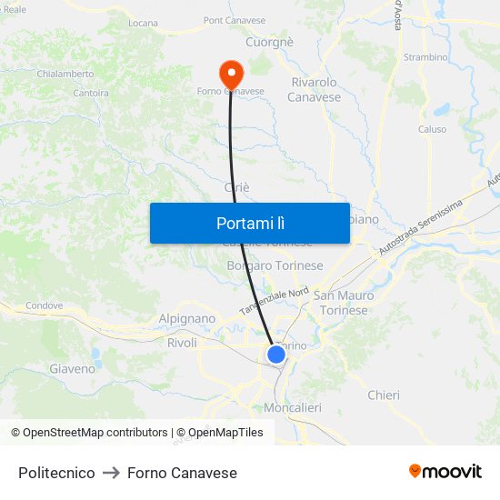Politecnico to Forno Canavese map