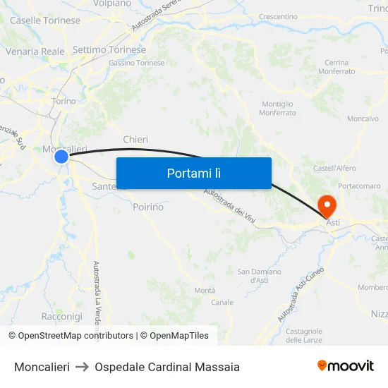 Moncalieri to Ospedale Cardinal Massaia map