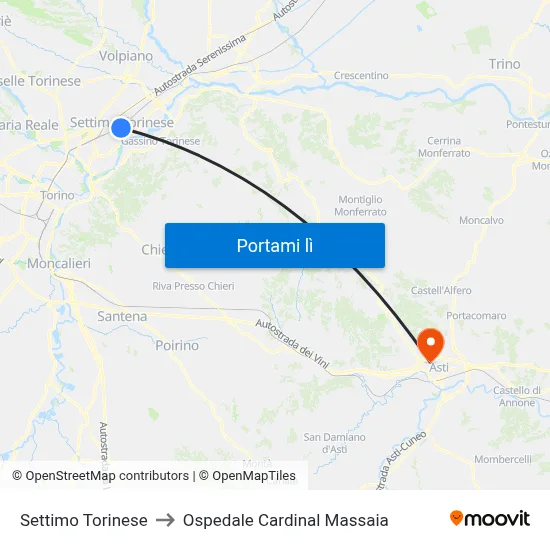 Settimo Torinese to Ospedale Cardinal Massaia map