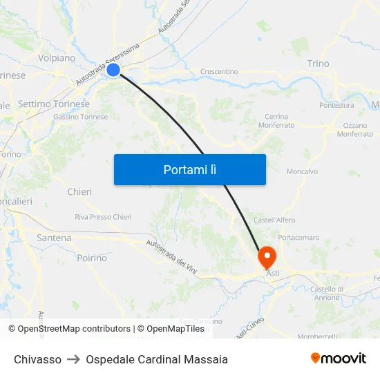 Chivasso to Ospedale Cardinal Massaia map