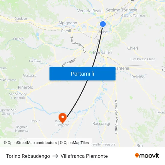 Torino Rebaudengo to Villafranca Piemonte map