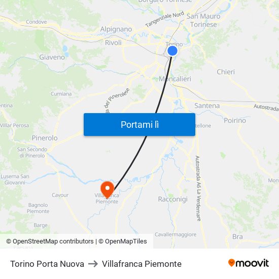 Torino Porta Nuova to Villafranca Piemonte map