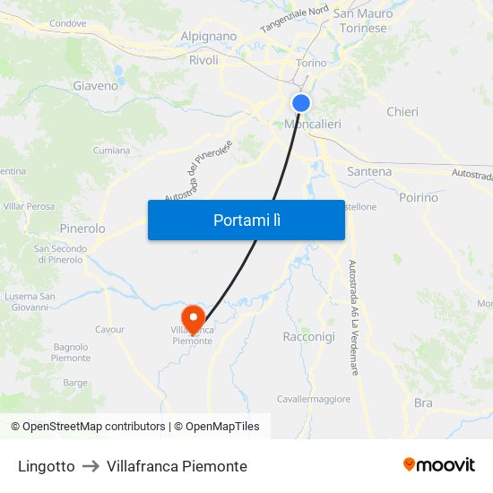 Lingotto to Villafranca Piemonte map