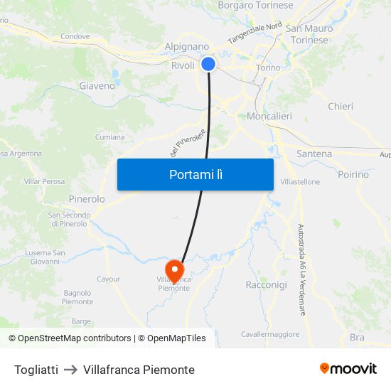 Togliatti to Villafranca Piemonte map