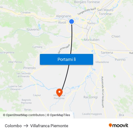 Colombo to Villafranca Piemonte map
