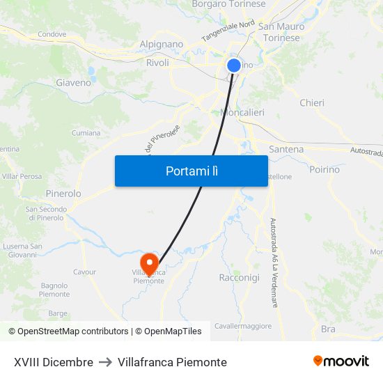 XVIII Dicembre to Villafranca Piemonte map