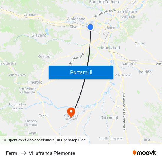 Fermi to Villafranca Piemonte map