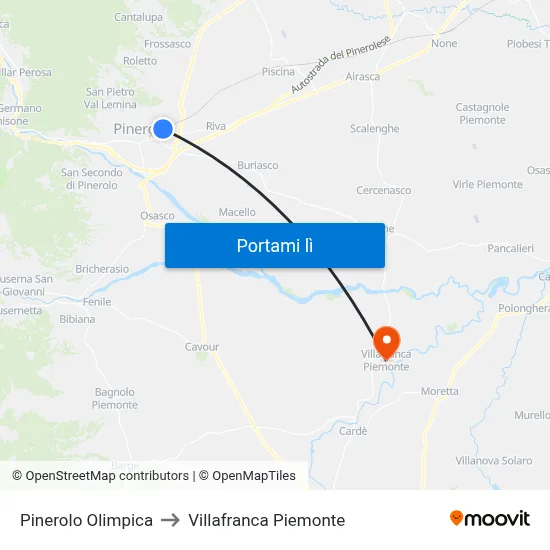 Pinerolo Olimpica to Villafranca Piemonte map