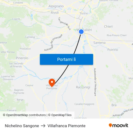 Nichelino Sangone to Villafranca Piemonte map